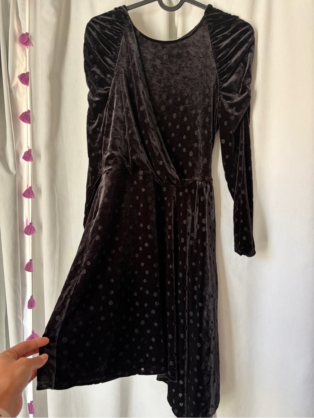 Topshop Black Velvet Polka Dot Long Sleeve Dress